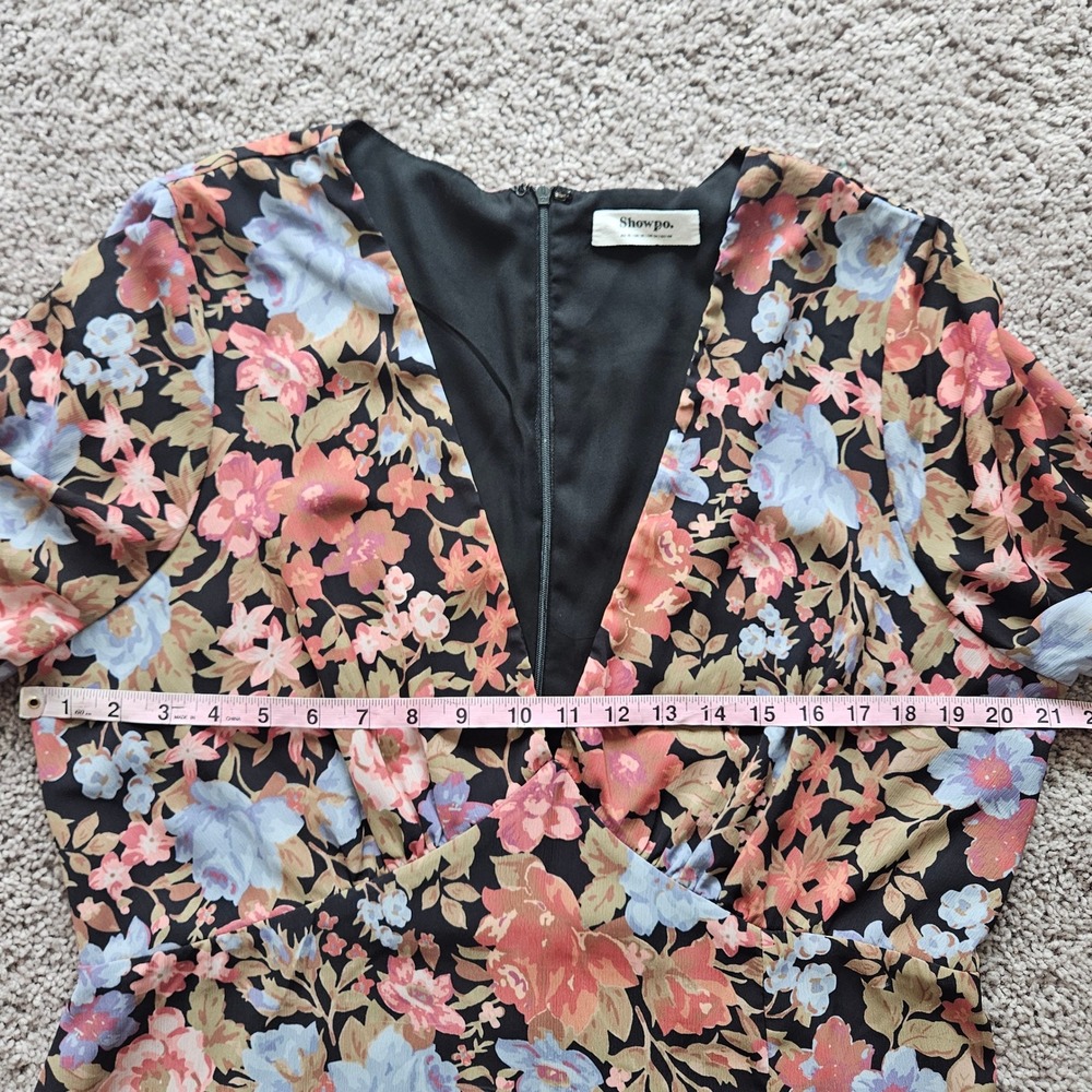 Showpo Henny Floral Midi Dress Womens 14 Black V-Neck Long Sleeve Side Slit Boho - Picture 5 of 12